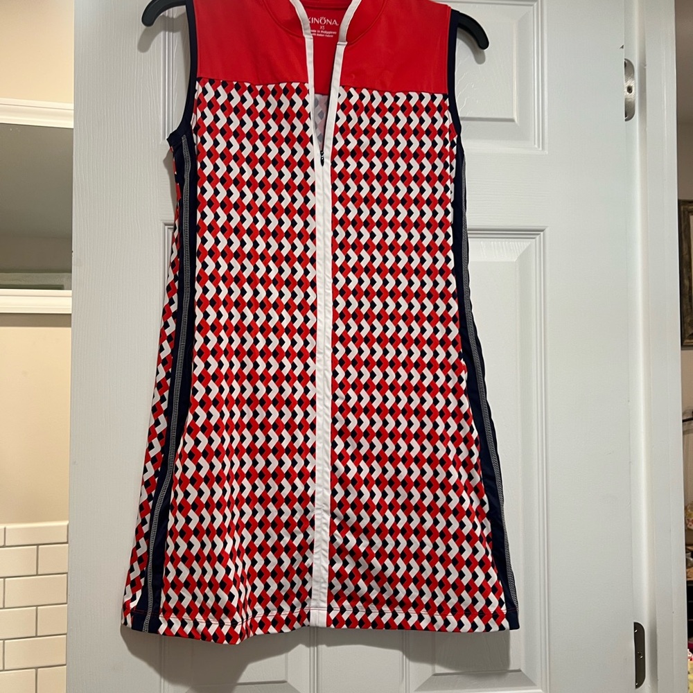 Kinona Red and White Geometric Casual Dress